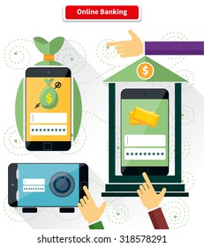 Online banking flat style design. Pay and transaction, internet finance, digital bank, security and protection, connection shopping, money and mobile, safety web illustration