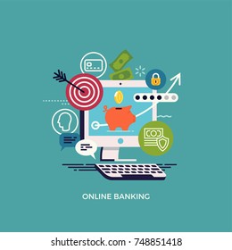 Online banking flat vector concept design with piggy bank, computer monitor, minimalistic financial icons and symbols, user interface elements