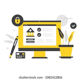 Banca en línea. Ilustración vectorial plana. Ordenador con sitio web bancario en pantalla. Banca por Internet. Conceptos modernos. Diseño plano