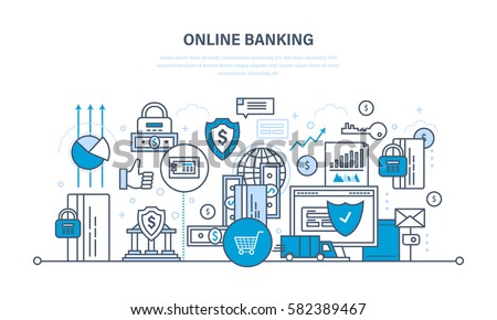Online banking, guaranteed security payments, transactions, investments and deposits, advanced information technology. Illustration thin line design of vector doodles, infographics elements.