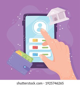 banca en línea, pantalla táctil inteligente manual aplicación botón de la cartera de la ilustración del vector de dinero