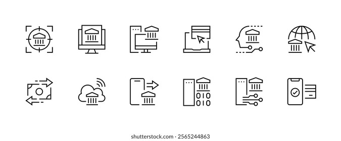 Online banking icon collection. Financial services icon set. Banking services, payment, loan, income, invoice, transaction and more. Editable stroke. Pixel Perfect. Grid base 32px.