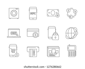 Online banking icon. Internet payment services automation mobile bank phone shopping payments vector thin line symbols