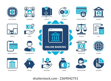 Online Banking icon set. Deposit, Secured Payment, Account, Pay Anywhere, Transaction, Balance, Credit, Mobile Payments. Duotone color solid icons