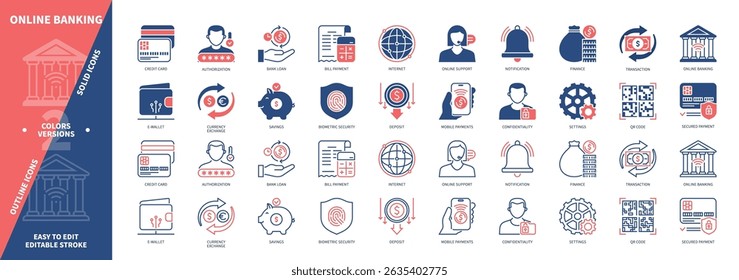 Online Banking icon set. Deposit, Secured Payment, Account, Online Support, Transaction, Balance, Credit, Mobile Payments. Duotone color solid and editable outline icons