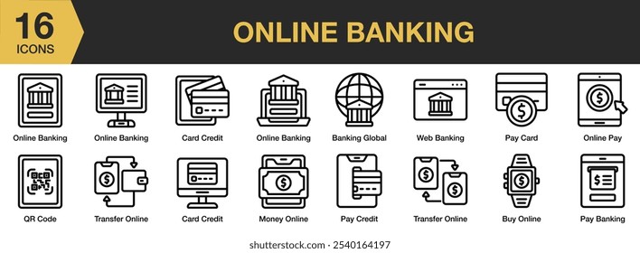 Conjunto de ícones do Online Banking. Inclui pagamento, cartão, código qr, transferência, web banking e muito mais. Contornar coleção de vetores de ícones.
