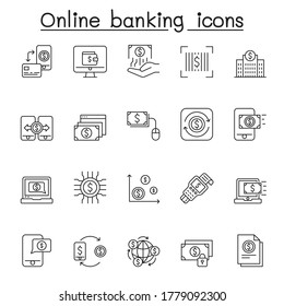 Online banking icon set in thin line style