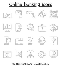Online banking icon set in thin line style