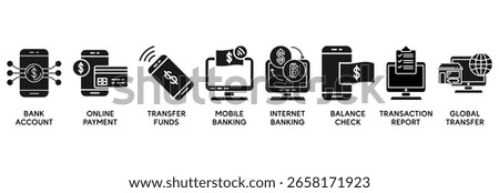 Online banking icon set vector illustration concept relate to account, online payment, transfer funds, mobile banking, internet banking, balance check, transaction report, global transfer