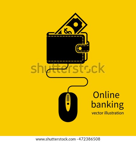 Online banking icon. Web account. Virtual money. Concept of management online wallet, computer mouse connected to wallet. Flat design vector illustration.