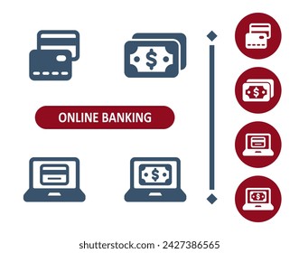 Online banking icons. Internet banking, money, credit card, cash, dollar bill, laptop, computer icon. Professional, 32x32 pixel perfect vector icon.