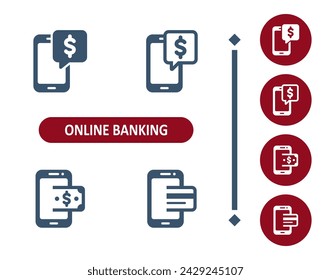 Online banking icons. Internet banking, money, dollar, smartphone, mobile phone, dollar, bill, credit card icon. Professional, 32x32 pixel perfect vector icon.