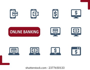 Online Banking Icons. Internet Banking, Online Shopping, E-commerce, Mobile Phone, Computer Icon. Professional, pixel perfect vector icon set.