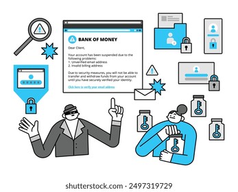 Online Banking Identity Theft Hand Drawn Character Illustration