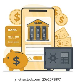 Online Banking: Illustration of a smartphone showing a bank interface, a piggy bank, a safe, and dollar signs representing digital financial management