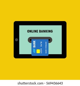 Online banking illustration. Tablet with inserted credit card