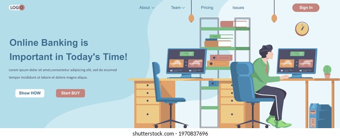 Online Banking Is Important in Todays Time web banner concept. Man checks bank account in online office from computer landing page template. Vector illustration with people characters in flat design