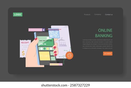 Online banking interface concept. Digital transaction visualization with secure login, QR code payment, receipt generation, and financial dashboard. Modern financial technology integration. Vector