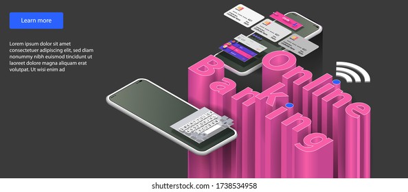 online banking interface on the phone screen and large letters in isometrics. Vector banner