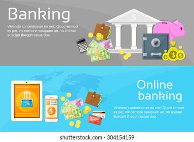 Online Banking Internet Electronic Payment Web Banner Set Flat Vector Illustration