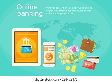 Online Banking Internet Electronic Payment Tablet Phone Money Credit Card Wallet Flat Vector Illustration