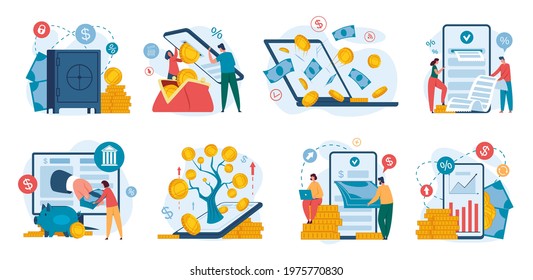 Online Banking. Internet Financial Operations Using Smartphone. Digital Bank Deposit, Phone Payment, Saving Money, Cashback, Concept Vector Set. Money Investment, Having Big Income