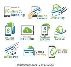 Online banking internet money transaction cashless digital finance logo design template set vector flat illustration. Financial transfer shopping buy pay currency operation smartphone tablet and card