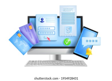 Online banking, internet payment, web wallet vector concept, computer screen, credit card, smartphone. Mobile finance transfer, safe transaction illustration. Online banking authentication clipart