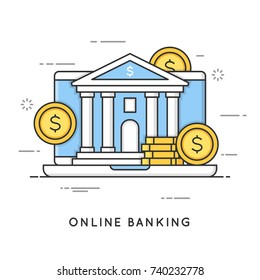 Online banking, internet payments, money transactions. Flat line art style concept. Vector banner, icon, illustration. Editable stroke.