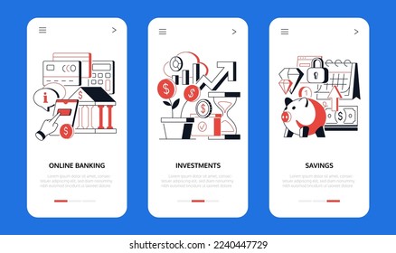 Online Banking und Investments - Line Design Banner mit Platz für Text. Einsparungen und Finanztransaktionen, Geldakkumulation, Anlagen, Münzen, Sparschwein, Dollar, Plastikkarte und Gewinn