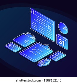 Online banking isometric color vector illustration. Financial management linear icons infographic. Digital payment, investments 3d concept. E payment, e billing web design on dark blue background