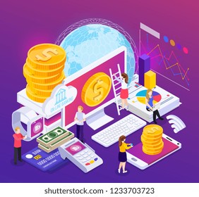 Online banking isometric composition with financial information and operations on purple background with glow vector illustration