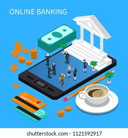 Online banking isometric composition with funds, payment cards, coffee, business persons on mobile device screen vector illustration