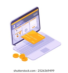 Banca en línea. Concepto de transacción de pago electrónico isométrico, transferencia de dinero segura por Internet aislada Ilustración vectorial 3D. Transacción de dinero en línea