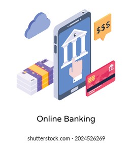 Ilustración isométrica de la banca en línea, editable y premium 