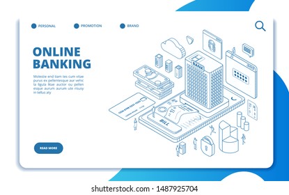 Online banking isometric landing page. Money transfers, secure transaction, currency exchange with phone. Vector website template