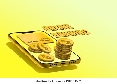 Banca en línea, Smartphone isométrico y banca por Internet. Tarjeta de crédito de pago y transacción en línea. Pago por teléfono móvil, pago por transferencia y billetera inteligente.