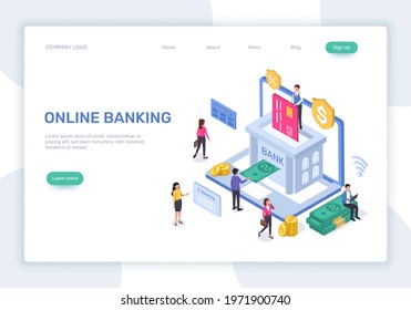 Online banking landing page. 3d isometric online finance management concept. Secure payments, money transactions vector web template. Electronic bank with employees and clients web page