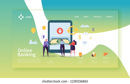Online Banking Landing Page. Mobile Payment Banner with Flat People Characters Making Payments Using Smartphone Website Template. Easy Edit and Customize. Vector illustration