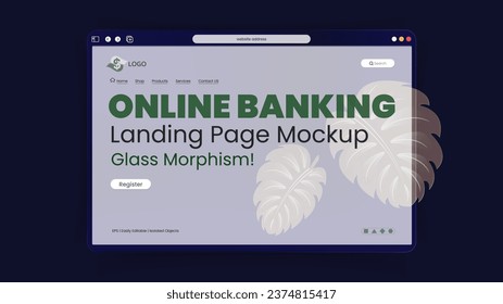 Online Banking landing page presentation mockup on 3d glassmorphism style. Horizontal Website screen with glass overlay effect isolated on Luxury black color background, Trendy vector illustration.