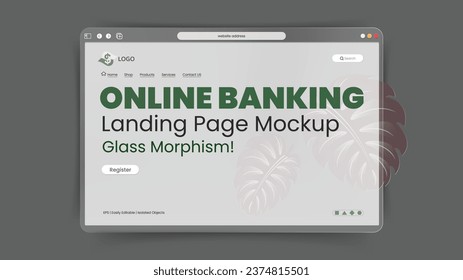 Online Banking landing page presentation mockup on 3d glassmorphism style. Horizontal Website screen with glass overlay effect isolated on Luxury dim gray color background, Trendy vector illustration.