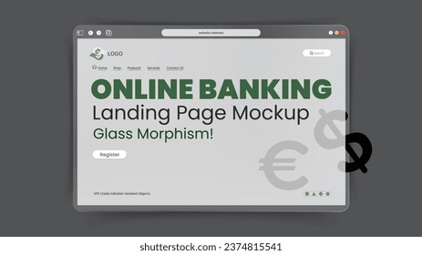 Online Banking landing page presentation mockup on 3d glassmorphism style. Horizontal Website screen with glass overlay effect isolated on davy gray color background, Trendy vector illustration.