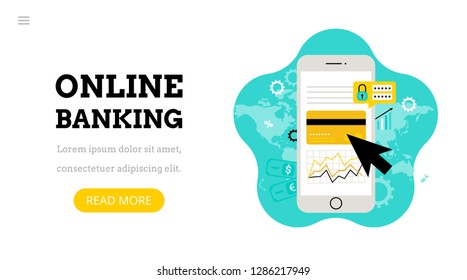 Online banking. Landing page template. Modern flat  concept for web design. Vector illustration with smartphone,  credit card and coins. Money. Banking app. Financial service
