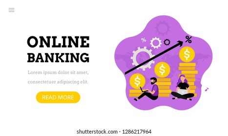 Online banking. Landing page template. Modern flat  concept for web design. Vector illustration with people and coins. Money. Banking app. Financial service