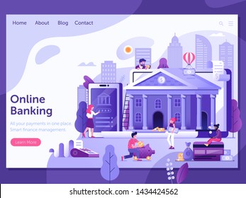 Online banking landing page template with office people characters doing internet payments, transfers and deposits. Digital bank service fintech concept in flat design. Save money UI web banner.