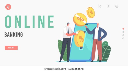 Online Banking Landing Page Template. Tiny Businessman Male Character Put Money at Huge Smartphone Screen. Mobile Savings, Deposit, Man Collect Money, Investment. Cartoon People Vector Illustration