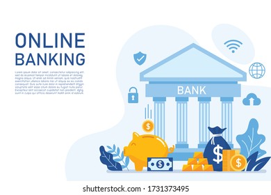 Página de inicio de la banca en línea. diseño plano del sitio web de banner de ilustración vectorial. 
Dinero de cerdo con billetes en dólares y montones de monedas. copiar espacio para la entrada de texto. Financiación empresarial y ahorro para la inversión.