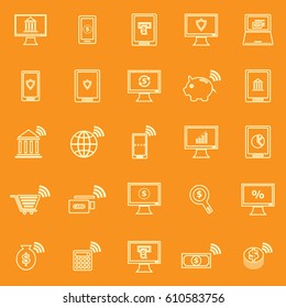 Online banking line color icons on orange background, stock vector