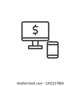 Online banking line icon. linear style sign for mobile concept and web design. Money monitor and mobile phone outline vector icon. Symbol, logo illustration. Pixel perfect vector graphics