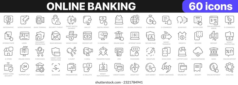 Online banking line icons collection. Wallet, finance, payment, bill, security icons. UI icon set. Thin outline icons pack. Vector illustration EPS10